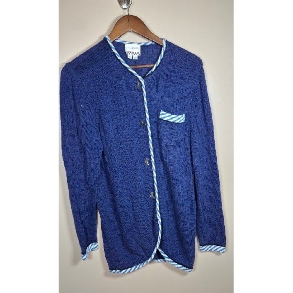 Anne Pedersen Vintage Blue Knit Cardigan Boot Buttons Striped Trim Medium